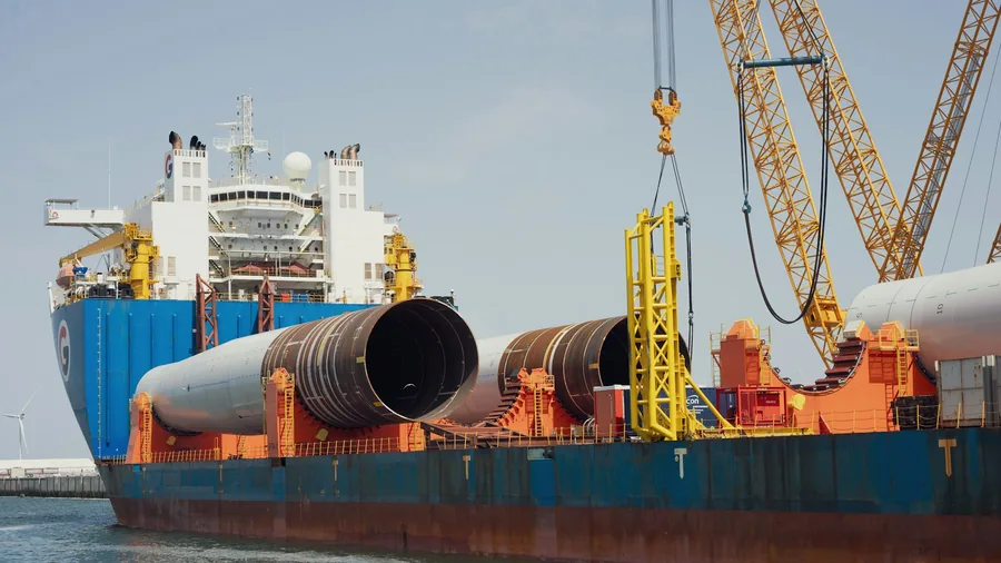 A heavy lift vessel loading oversized cylindrical sections